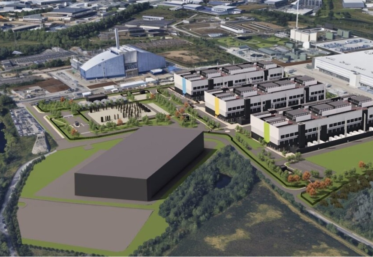 Data-Centre-Stourton-application-copy-1200×828 CGI aerial visualisation of Microsoft’s proposed data centre campus at the former Skelton Grange power station site in Stourton, Leeds.