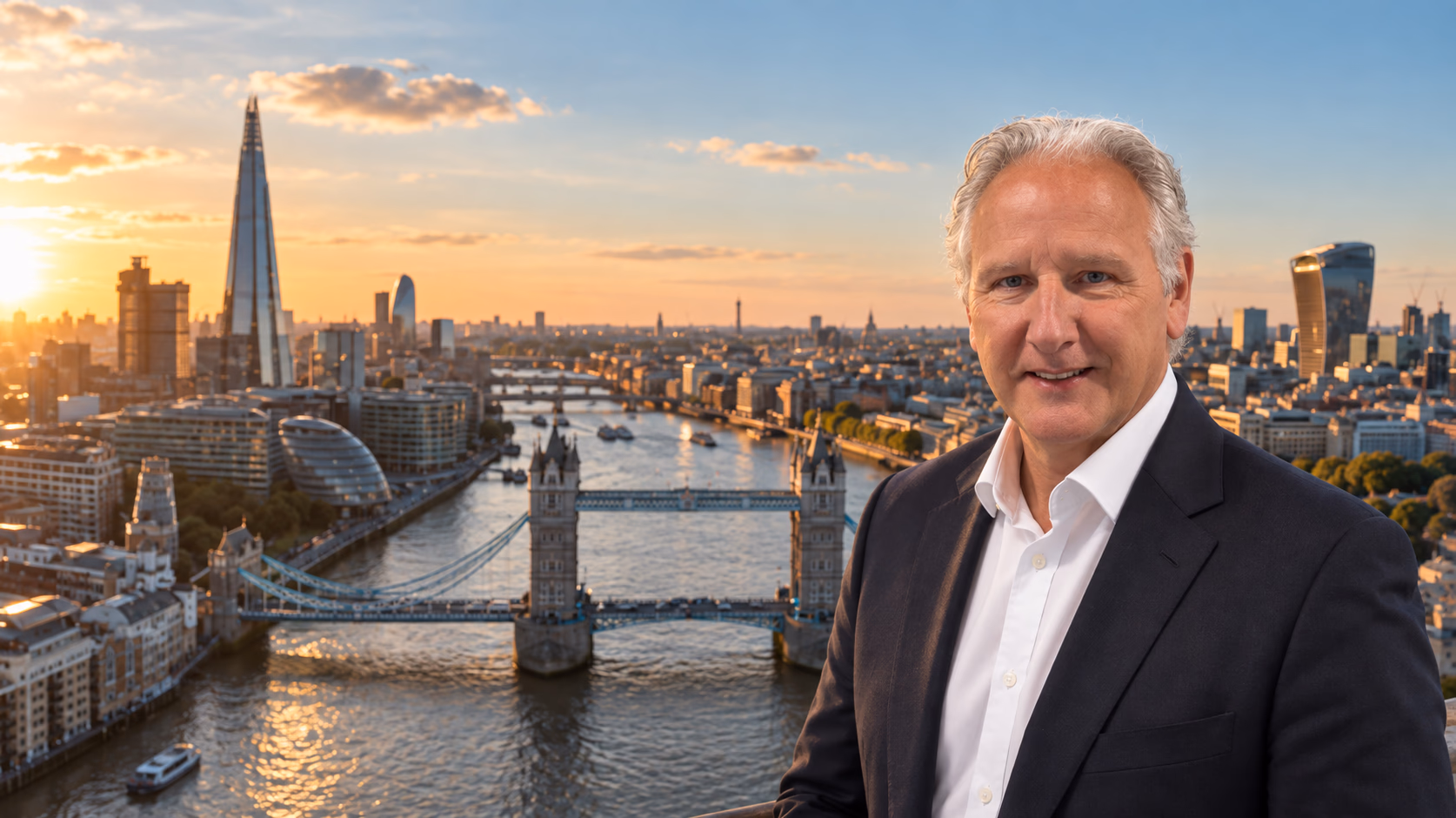 Terry-LinkedIn-Image Terry Fitzmaurice, Severfield Chief Commercial Officer, pictured against the London skyline with Tower Bridge and The Shard in the background.