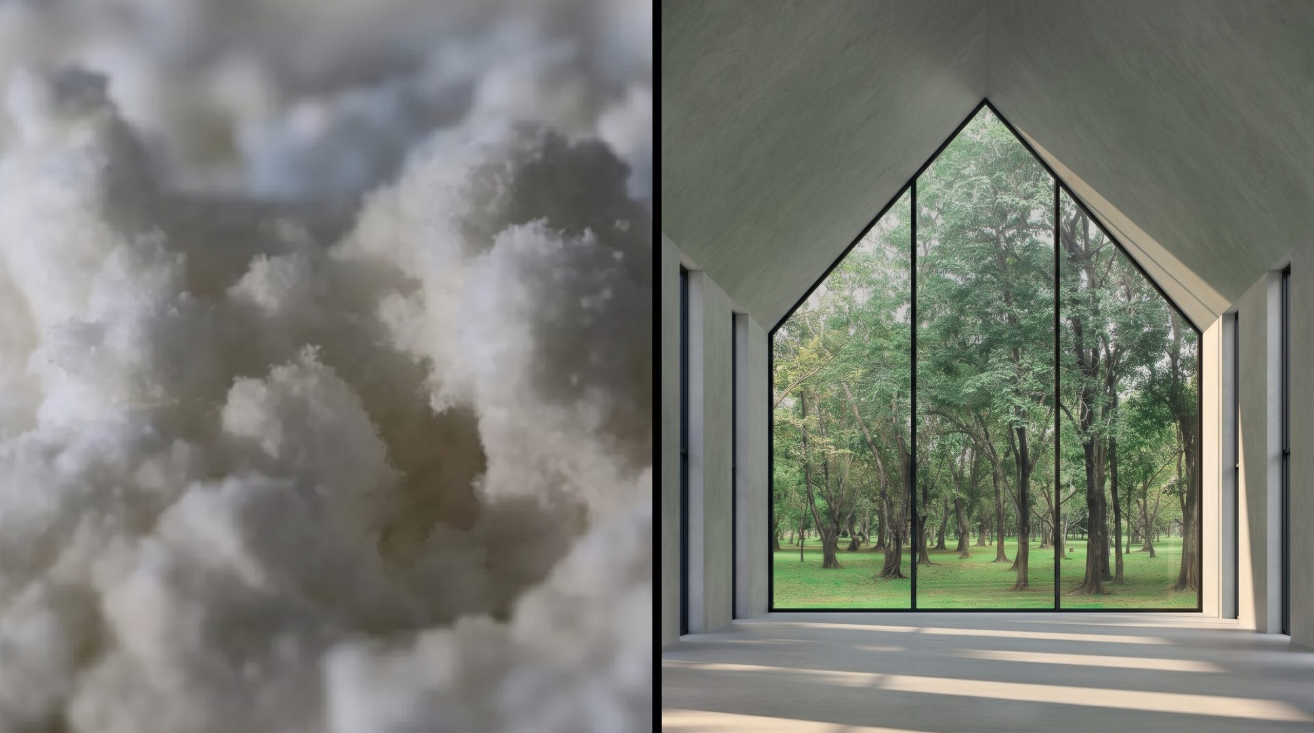 sitka Close-up of natural cellulose fibres alongside a modern concrete interior featuring a large floor-to-ceiling window overlooking woodland.